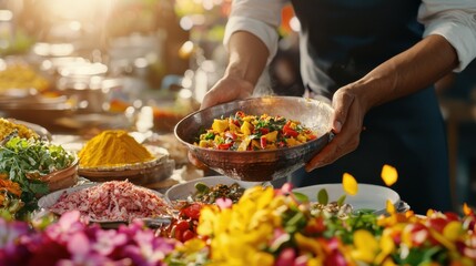Obraz premium Vibrant Market Scene with Colorful Ingredients and Culinary Preparation Indian food cuisine