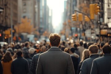 Obraz premium Blonde Man Walking City Crowd Blurred Skyscrapers