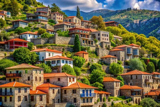 Scenic Documentary of Traditional Houses on the Mountain Aroania in Zarouhla Village, Achaia, Greece Showcasing Breathtaking Architecture and Natural Beauty