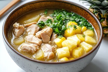 Taiwanese homemade delicious chicken soup food in a bowl with pineapple, bitter gourd and sweet corn on white table background 