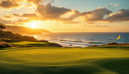 Golden hour sunlight highlights a serene golf course with ocean views.