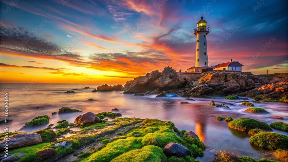 Poster scenic lighthouse overlooking algae-covered rocks at dusk with dramatic sky and copy space for text 