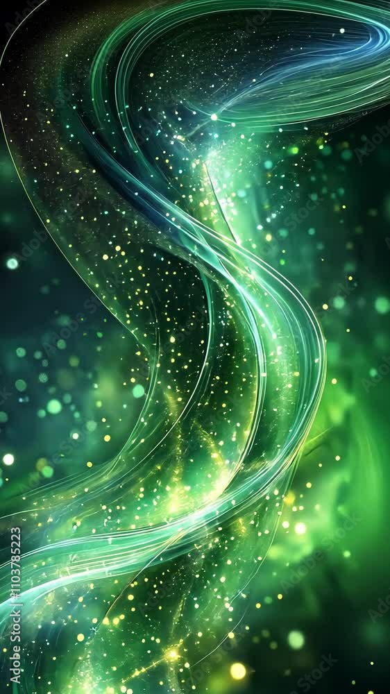 Poster stunning abstract motion background with vibrant green swirls and glowing particles for creative pro