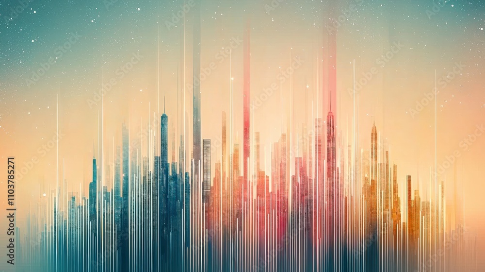 Poster An abstract representation of a vibrant city skyline, with colorful vertical lines symbolizing motion and energy, creating a dynamic visual experience.