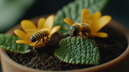 Naklejka premium Exploring sustainable innovations in agriculture bees pollinating flowers in a natural environment