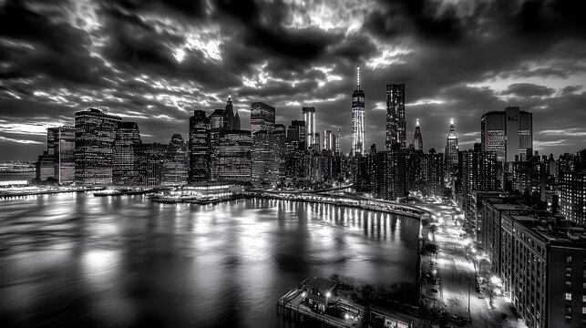 Fototapeta Night view of a city skyline in black and white. Skyscrapers and city lights are reflected in the water.