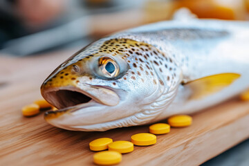 Fresh fish with yellow tablets on a wooden surface