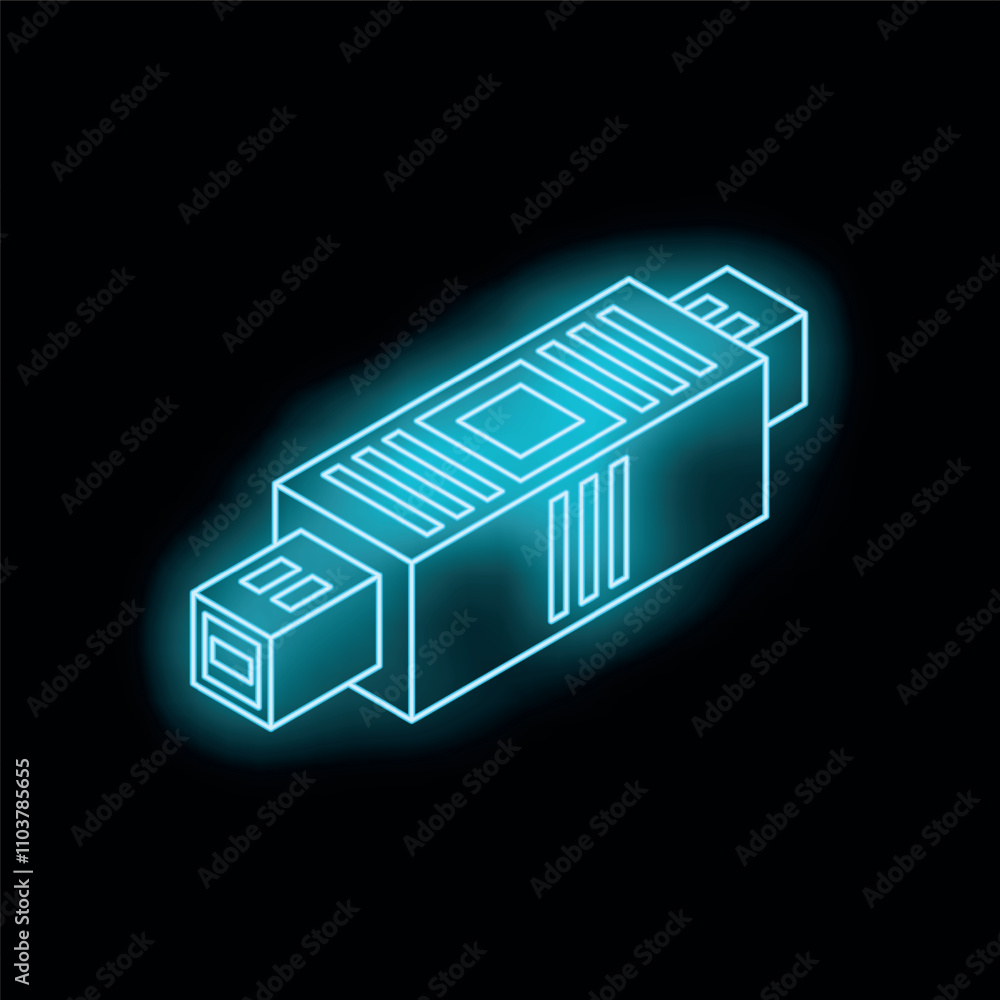 Poster neon usb flash drive glowing on a dark background representing the concept of digital data storage