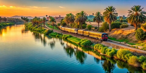 Fototapeta premium Scenic Train Journey Along the Picturesque Canal of the Nile River in Esna Suburb, Egypt, Showcasing Lush Greenery and Tranquil Waters