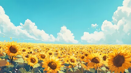 A picturesque landscape featuring a sea of sunflowers swaying gently in the breeze