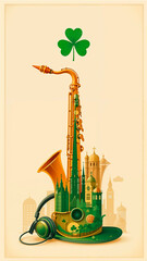 Saxophone poster with shamrock for St. Patrick's Day featuring headphones and cityscape