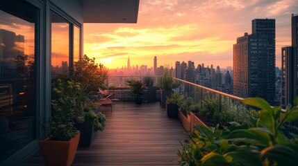 A chic balcony setup with wooden floors, green planters creating a natural vibe, and a sweeping city skyline view during golden hour