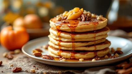 Close-up tilt-shift view of a leaning stack of autumn-colored pancakes.