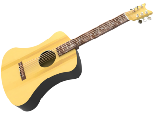 A vibrant yellow acoustic guitar, showcasing its body, neck, and strings, ideal for music enthusiasts.
