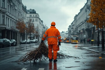 Municipal worker in bright orange overalls and hard hat clearing debris from a rainy urban street after a storm, prioritizing safety and maintaining order