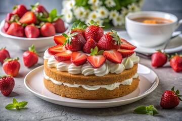 Scrumptious Strawberry Cake with Fresh Strawberries and Cream on a White Plate Perfect for Celebrations and Dessert Lovers