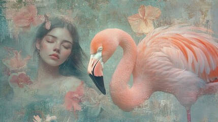 Ethereal artwork featuring a pink flamingo and a peaceful woman with closed eyes, surrounded by soft tones and dreamy textures.