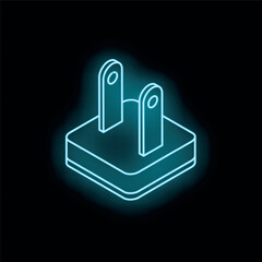 Glowing neon blue electric plug isometric icon illustration isolated on black background