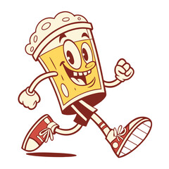 Funny cartoon beer glass patch design featuring a cheerful character running with retro groovy style