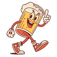 Funny cartoon patch of a beer glass character with a cheerful expression and walking pose retro groovy style