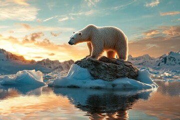 A polar bear standing on a shrinking ice floe, with an empty sky and blank space for text, ideal for campaigns highlighting the effects of global warming and the urgency to save endangered species
