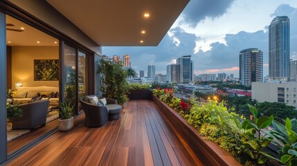 A contemporary balcony with rich wooden floors, vibrant green planters, and a stunning city skyline, creating a serene urban oasis