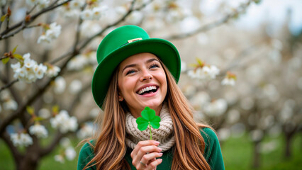 St. Patrick's Day celebration with a smiling woman in a green hat holding a clover