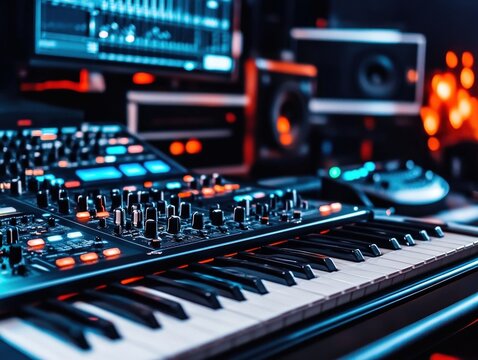 Advanced midi keyboard controller with illuminated knobs and faders for producing electronic music in a contemporary recording studio with computer monitors and audio gear