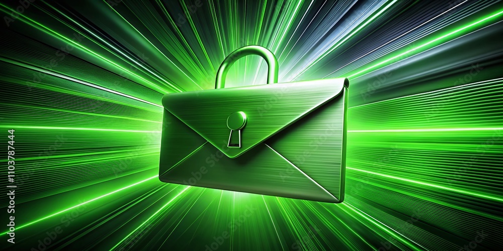 Poster secure digital communication: 3d green email envelope with attached file and safeguard padlock repre