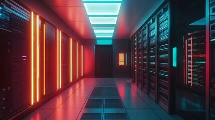 Fototapeta premium Neon-lit server room hallway. Futuristic data center.