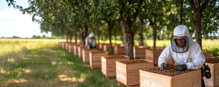 Sustainable agriculture innovations beekeeping practices in an orchard environment enhancing crop pollination