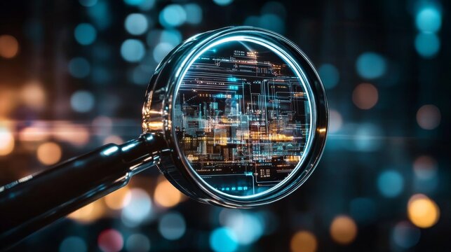 Magnifying glass hovering over cityscape night is lit AI-powered image recognition technology