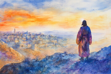 Fototapeta premium Jesus standing on a hill, overlooking the city of Jerusalem, with a tear in his eye. The watercolor uses soft shades of blue, purple, and orange to reflect sorrow, love, and divine compassion.