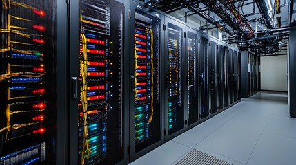 Rows of server racks in a modern data center, glowing with internal lights.