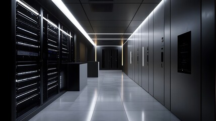 Fototapeta premium Sleek, dark hallway with server racks and minimalist design. Modern technology and architecture.