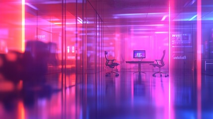 Naklejka premium Neon-lit office at night. Two empty chairs sit at a desk. Pink and blue hues dominate the scene.