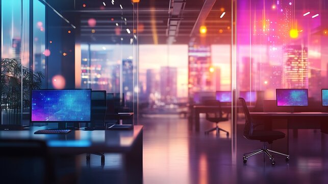 Modern office at night with glowing city backdrop. Desk with computer screens and a chair.