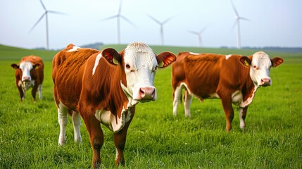 Sustainable agriculture innovations cattle grazing amid renewable energy farms in green pastures