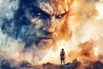 Obraz premium A powerful digital watercolor of David, a small yet determined warrior, standing before the massive Goliath, his eyes filled with courage. The giant looms in the background, towering over the