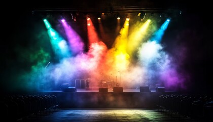 Stage large number colorful lights shining down it A is lit