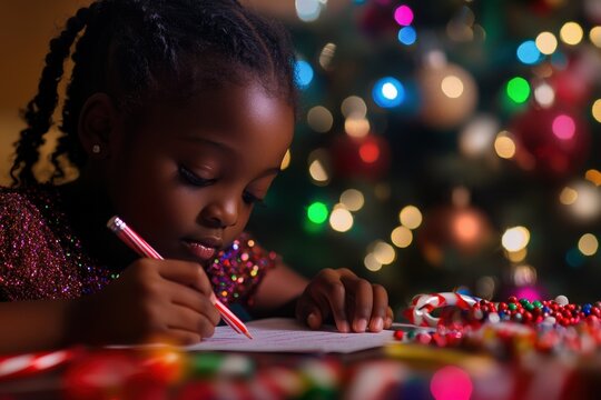 Focused portrait of a young Black girl, 6-8 years old, writing a letter by a glowing Christmas tree. Perfect for holiday ads, family storytelling, festive campaigns, and seasonal branding - Powered by Adobe