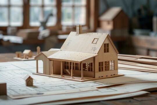 Wooden house frame model on architect blueprints