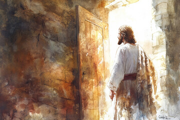 Obraz premium A luminous watercolor of Jesus standing at the door, gently knocking. The scene features warm browns, soft golds, and glowing white accents to symbolize invitation and grace.