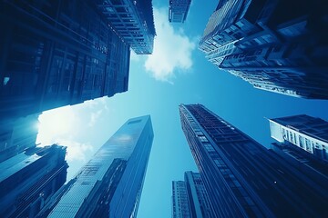 Blue-Toned Skyscrapers Upward View of Urban Development