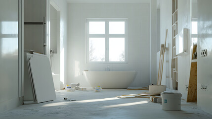 A spacious, unfinished bathroom with a bathtub and construction materials scattered around.