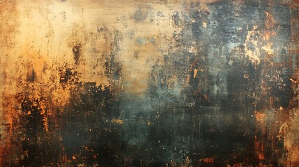 Abstract art with gold and dark hues. Textured and layered with rich tones.