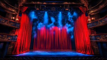 A majestic theater stage awaits the curtain call. Red curtains, blue lighting, and ornate details create a dramatic atmosphere.