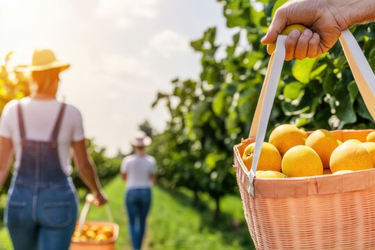 Harvesting sustainable innovations in agriculture orange picking in a lush orchard under bright skies