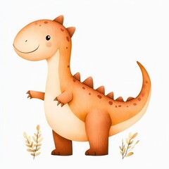 Naklejka premium A cute, cartoon dinosaur with a friendly smile, featuring orange and cream colors, surrounded by delicate foliage elements.