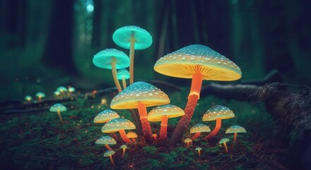 Enchanting bioluminescent mushrooms glowing in mystical